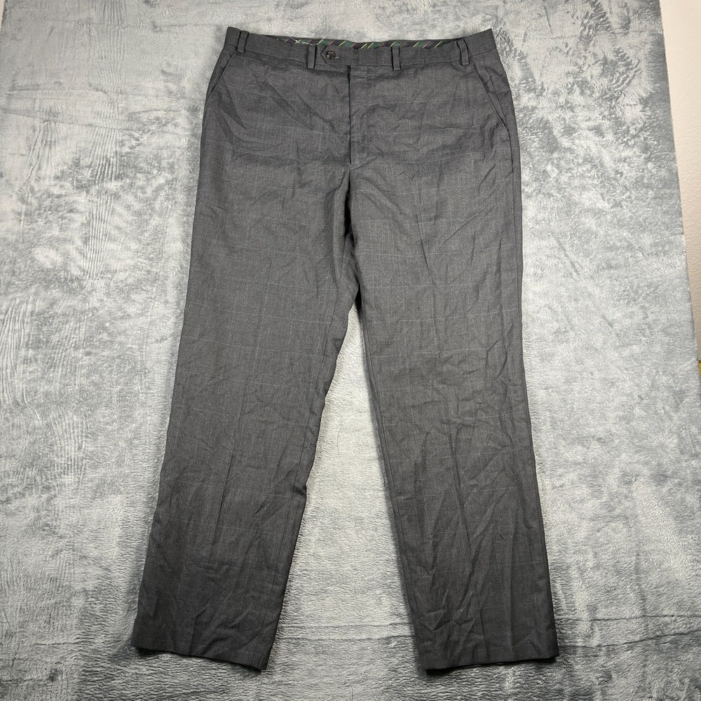 Chaps Dress Pants Mens 40x32 Charcoal Gray Windowpane Check Flat Front Formal